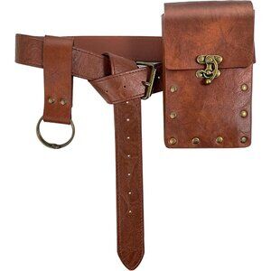 Medieval Leather Waist Belt Pouch Set with Metal Rings for Cosplay LARP